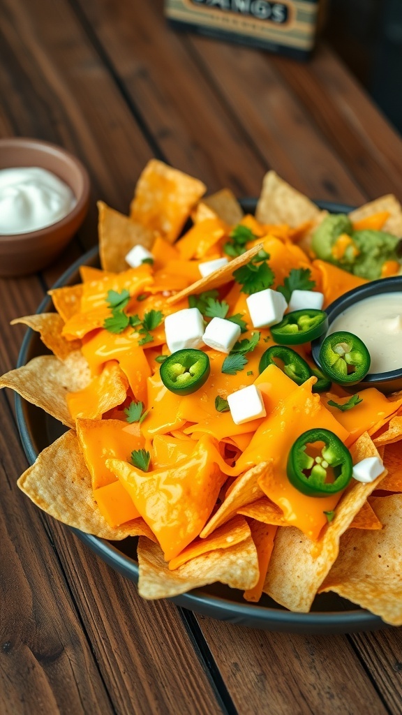 A colorful plate of nachos topped with cheese and jalapeños, served with sour cream and guacamole.